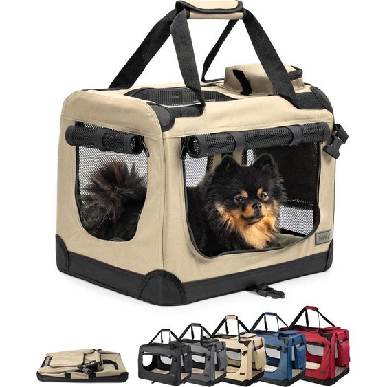 lionto Caisse de transport pour chiens pliable, caisse en tissu solide avec inserts en maille, idéale pour la voiture, le voyage & le vétérinaire, 50x34x36 cm, beige