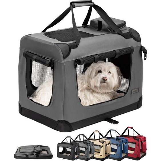 lionto Caisse de transport pour chiens pliable, caisse en tissu solide avec inserts en maille, idéale pour la voiture, le voyage & le vétérinaire, 60x42x44 cm, gris