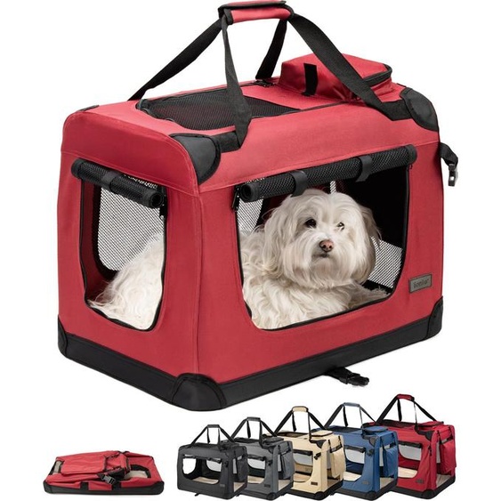 lionto Caisse de transport pour chiens pliable, caisse en tissu solide avec inserts en maille, idéale pour la voiture, le voyage & le vétérinaire, 60x42x44 cm, rouge foncé