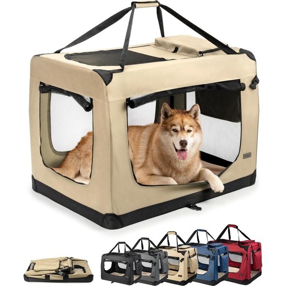 lionto Caisse de transport pour chiens pliable, caisse en tissu solide avec inserts en maille, idéale pour la voiture, les voyages & le vétérinaire, 101x69x70 cm, beige