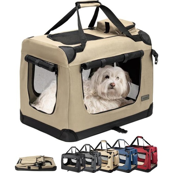lionto Caisse de transport pour chiens pliable, caisse en tissu solide avec inserts en maille, idéale pour la voiture, les voyages & le vétérinaire, 60x42x44 cm, beige