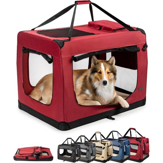 lionto Caisse de transport pour chiens pliable, caisse en tissu solide avec inserts en maille, idéale pour la voiture, les voyages & le vétérinaire, 90x61x65 cm, rouge foncé
