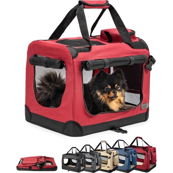 lionto Caisse de transport pour chiens pliable, caisse robuste en tissu avec inserts en maille, idéale pour la voiture, le voyage & le vétérinaire, 50x34x36 cm, rouge foncé