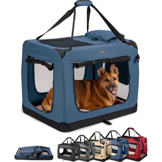 lionto Caisse de transport pour chiens pliable, caisse robuste en tissu avec inserts en maille, idéale pour la voiture, le voyage & le vétérinaire, 82x58x58 cm, bleu foncé