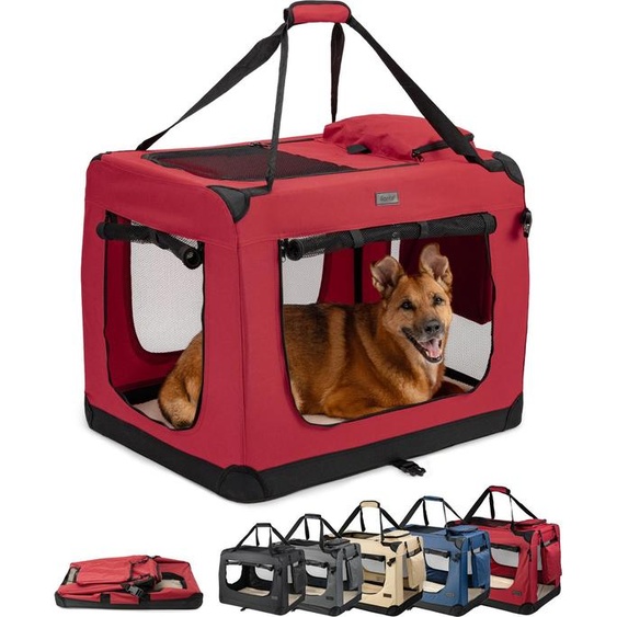 lionto Caisse de transport pour chiens pliable, caisse robuste en tissu avec inserts en maille, idéale pour la voiture, le voyage & le vétérinaire, 82x58x58 cm, rouge foncé