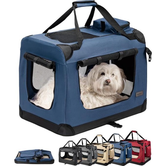 lionto Caisse de transport pour chiens pliable, caisse robuste en tissu avec inserts en maille, idéale pour la voiture, les voyages & le vétérinaire, 60x42x44 cm, bleu foncé