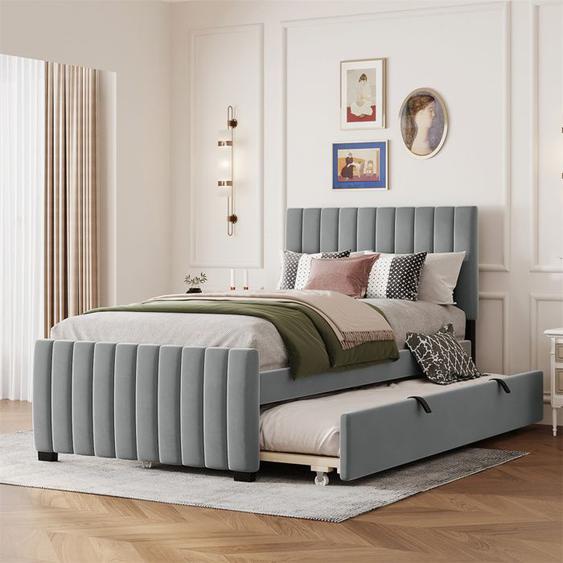 Lit 1 Place 90x200 avec Sommier, Lit pour Adulte Ado Enfant avec Lit Gigogne 90x190, Lit Simple dappoint, Velours Doux, Gris