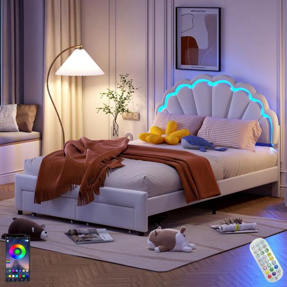 Dans Les Nuages - Lit 140x190 cm, avec 2 tiroirs, led, tête de lit en forme de fleur, app, télécommande, sommier à lattes en bois, lit double