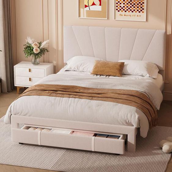 Eifson - Lit 140x190 cm, avec grand tiroir au pied du lit, dossier capitonné, velours, style scandinave, sommier à lattes, structure métal - Beige