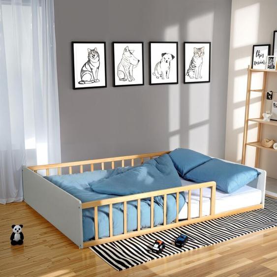 Lit 140x190 pilou avec sommier / Blanc et naturel/