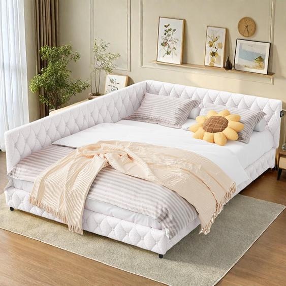 Lit 140x200 cm en tissu doudou beige avec éclairage LED périphérique et ports USB intégrés, design moderne et cosy