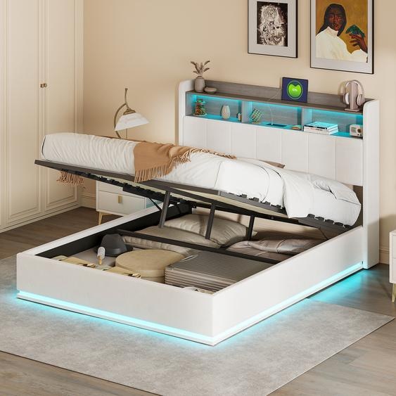 lit 140x200cm avec éclairage LED, Lit Coffre avec Sommier à Lattes, Prises, USB et Type-C, Velours