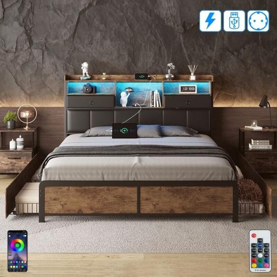 Lit 160x200 cm, 2 places, avec 4 tiroirs, tête de lit de LED, USB, 2 tiroirs, capitonné en similicuir, sommier à lattes en bois, Industriel Vintage,