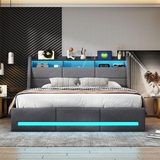 lit 160x200,lit coffre 160x200,Lumières LED réglables à la tête et au pied du lit, Chargement USB, Tête de lit avec 3 compartiments de rangement,Lin,