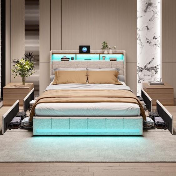 Lit 160x200cm avec tiroirs, avec tête de lit éclairée led, 4 tiroirs et 2 ports de recharge usb, sommier à lattes, lit adulte scandinave, lin, Beige
