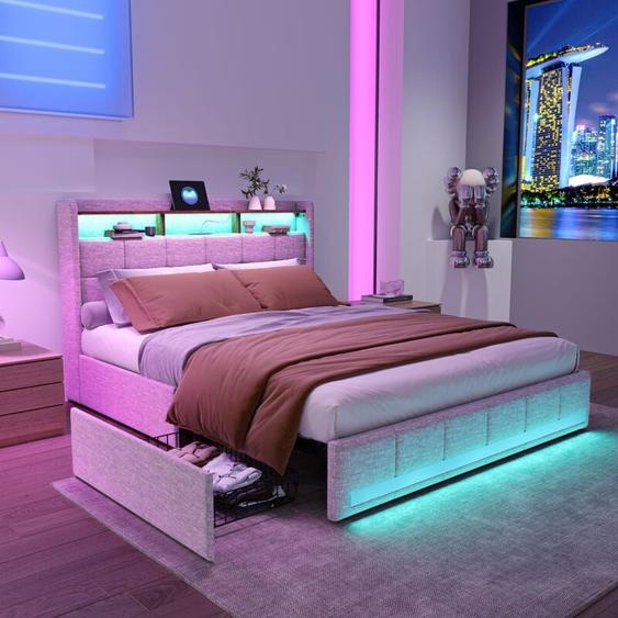 Lit 180x200 avec tiroirs,lit capitonné,lit double,lit adulte,avec bande lumineuse LED et chargement USB,tissu en lin, beige