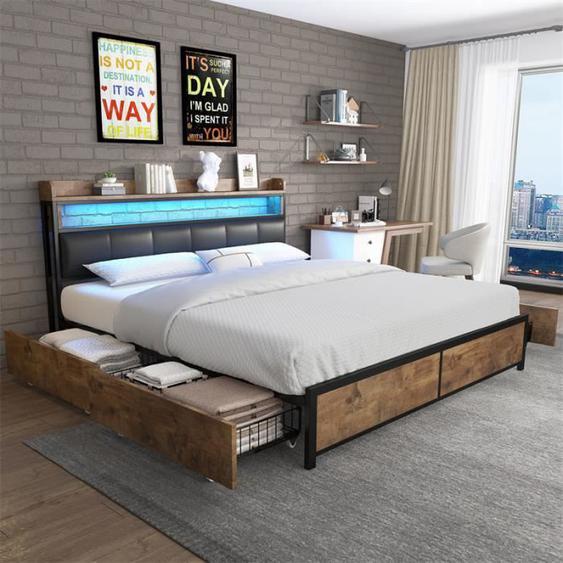 Lit 180x200cm - DREAMMESPACE - Modèle industriel - 4 tiroirs - Tête de lit avec LED - PU noir