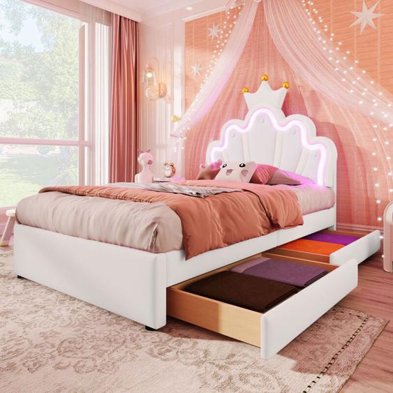 Lit 90x200cm - lit princesse avec 2 tiroirs, sommier à lattes et tête de lit led réglable, en forme couronne - cuir pu blanc