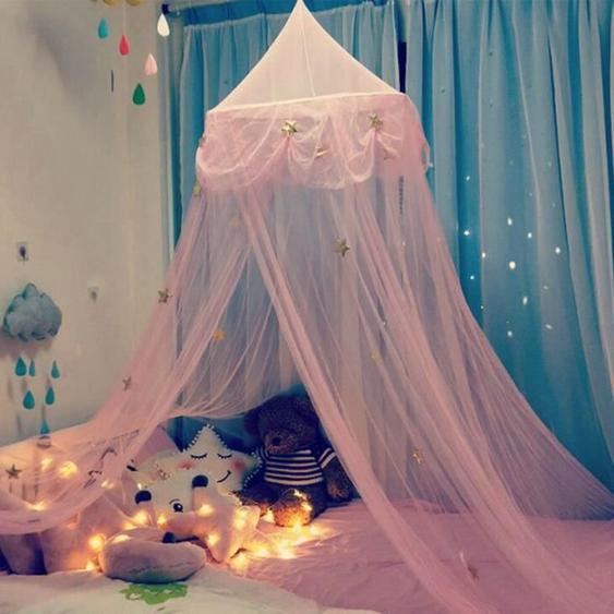 Lit à baldaquin Dentelle Polyester Dôme moustiquaire avec Star Décoration Princesse Accessoires pour lit Fille Rose