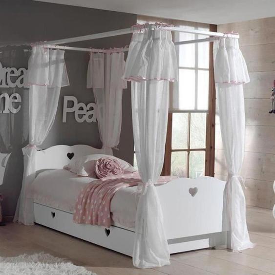 Lit à Baldaquin Enfant - VIPACK - Amori - Blanc - Bois massif - Avec tiroirs - Sommier inclus
