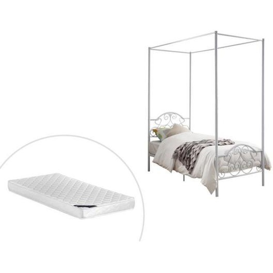 Lit à baldaquin - VENTE-UNIQUE - LEYNA - Métal - Blanc - 90x190 cm - Avec matelas et sommier