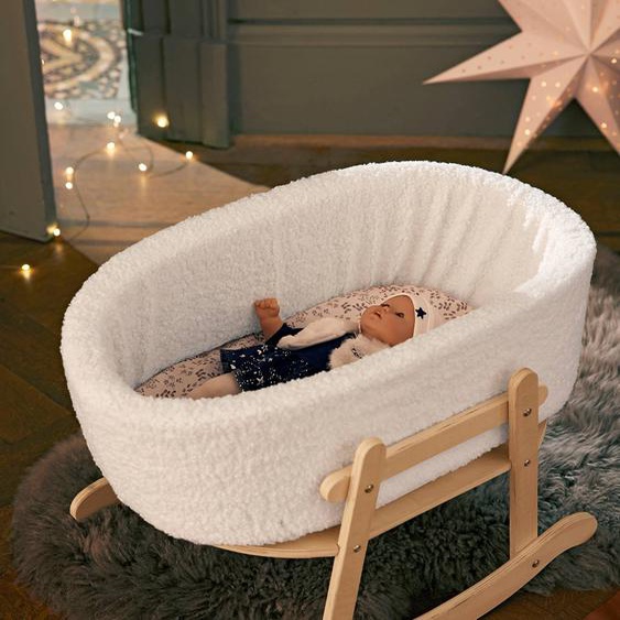 Lit à bascule en bois FSC® et tissu bouclette blanc