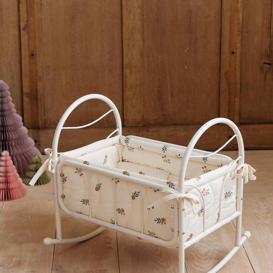Lit à bascule pour poupon en métal et coton RETRO FLOWER écru