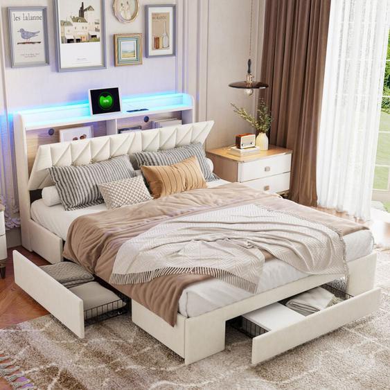 Sunfecili - Lit adult 160x200 avec tiroirs,lit 160x200,lit capitonné,avec rangement tête de lit, tête de lit ouverte,chargement usb,led