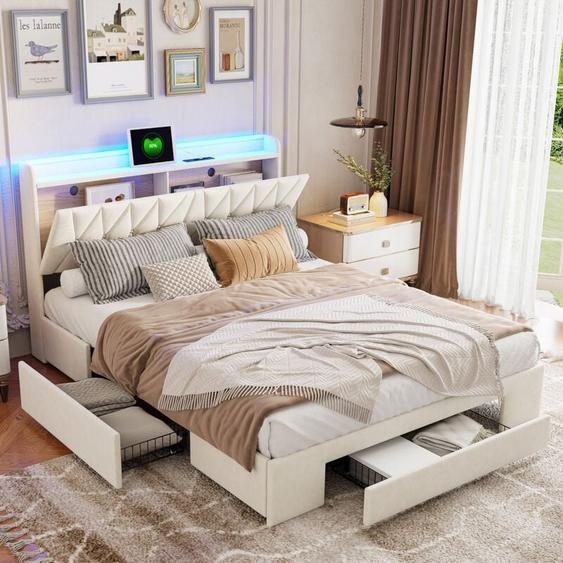Lit adult 160x200 avec tiroirs,lit 160x200,lit capitonné,avec rangement tête de lit, tête de lit ouverte,chargement USB,LED réglable,velours,beige
