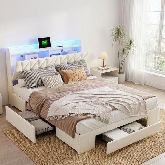 Lit adulte 140x190 avec sommier, 3 tiroirs, tête de lit avec rangement, chargeur USB/C, LED RGB, lit capitonné velours, gain de place - Beige