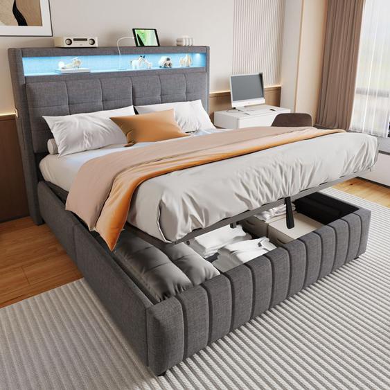 Lit adulte 160x200 cm avec éclairage LED, tête de lit avec étagères, hydraulique rangement, lit rembourré double adulte en lin gris