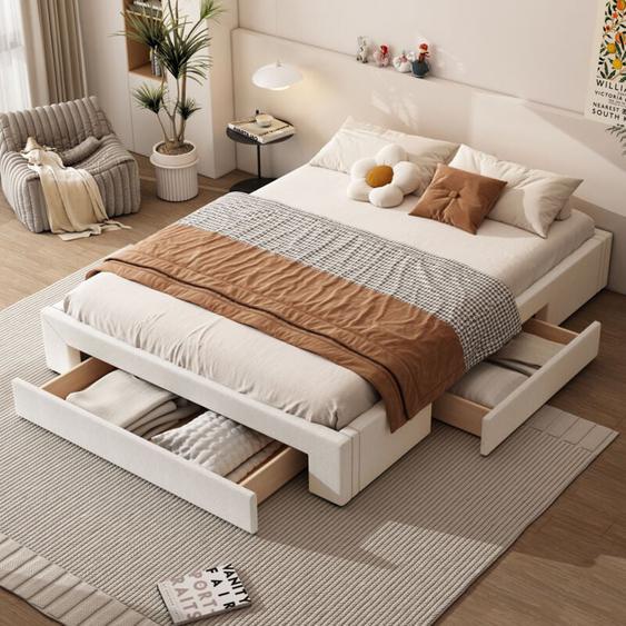 Lit adulte 160x200 cm, lit double rembourré, lit avec tiroirs et grand espace de rangement, tissu en lin beige, sans matelas