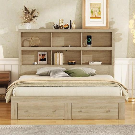 Lit double - DREAMMESPACE - 160x200cm - Bois MDF - 2 tiroirs - Tête de lit avec rangement