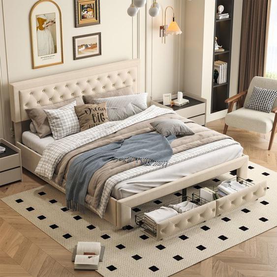 Lit Adulte 180 x 200 cm - Lit Coffre avec 2 Tiroirs - Style Scandinave avec Tête de Lit en Velours et Rangement - Beige