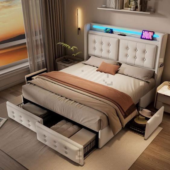 Lit Adulte 180x200CM - Lit Double Avec LED, Chargement USB Et 4 Tiroirs, Sommier à Lattes - Lin Beige (Sans Matelas)