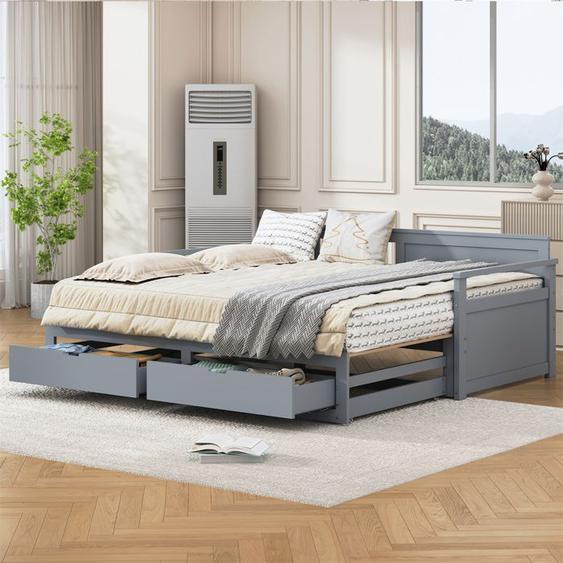 Lit Adulte 90x190cm avec Lit Gigogne, Lit 1 Place avec Tiroirs de Rangement, Pin Massif, Gris