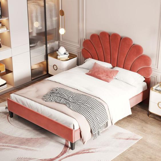 Lit adulte scandinave 140 x 200 cm, Lit rembourré en velours, tête de lit en forme de fleur, rouge haricot