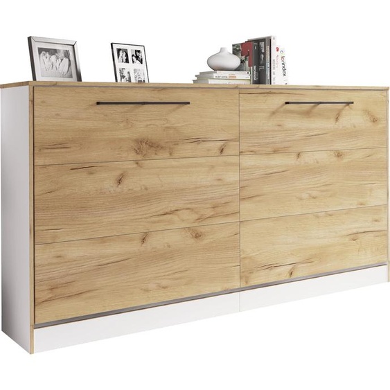 Lit armoire H. 114 x W. 213 x D. 43 cm, lit pliant horizontal avec fond caillebotis 90x200 cm, armoire de lit, commode Smalu