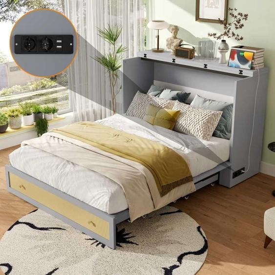 Lit-armoire multifonctionnel gris avec USB et prise électrique, tiroirs et étagère - lit plateforme transformable, gain de place, sans matelas, 140x200 cm