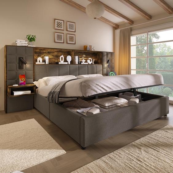 Lit avec coffre de rangement 180x200, structure de lit gris, éclairage LED et 2 lampes de lecture, 2 tables de chevet intégrées, port de charge USB Type-C, tissu en lin, sommier à lattes inclus