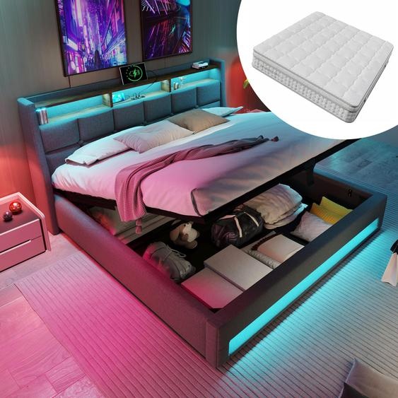 Lit avec sommier à lattes, dimensions 140x200, éclairage LED USB, design double, structure en métal, coloris gris, idéal pour une chambre de jeune, comprenant un matelas
