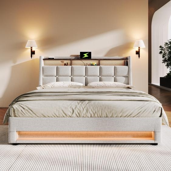 Lit avec sommier tapissé 180x200, équipé de ports USB, éclairage LED, structure en métal, revêtement en lin, lit double, sans matelas.