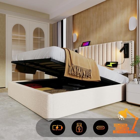 Lit avec sommier tapissé, dimensions 140x200, lit double avec espace de rangement intégré, tête de lit avec éclairage LED et fonction de charge USB, dossier avec design clouté