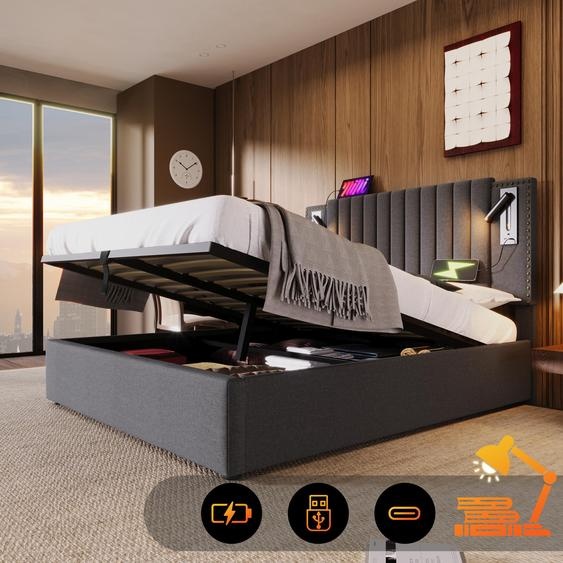 Lit avec sommier tapissé, dimensions 140x200, lit double avec espace de rangement intégré, tête de lit avec éclairage LED et fonction de charge USB, dossier avec design clouté