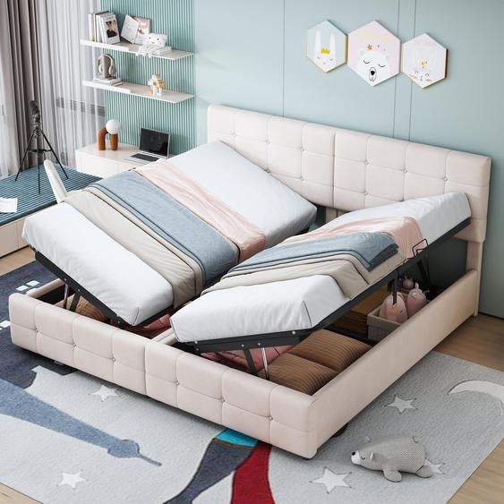 Lit avec sommier tapissé, dimensions 180x200 cm, lit coffre à mécanisme hydraulique, lit surélevé, lit double multifonctionnel, tissu en velours doux pour la peau, couleur beige
