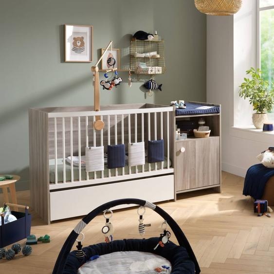 Lit Bébé Combiné Évolutif En Décor Bois Avec Commode À Langer 1 Porte - Up Gris