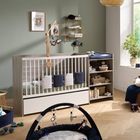 Lit Bébé Combiné Évolutif En Décor Bois Avec Commode À Langer Étagère - Up Gris
