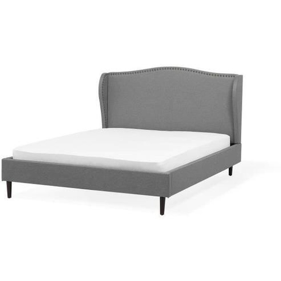 Lit BELIANI en tissu gris 140x200 cm - COLMAR - Sommier à lattes - Tête de lit capitonnée
