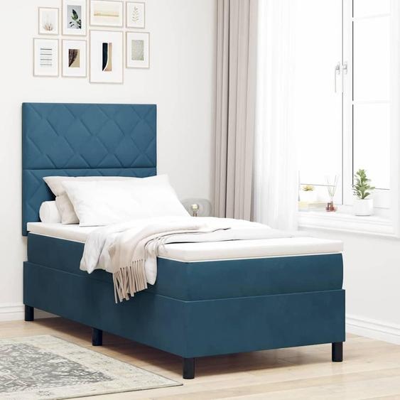 Lit boxspring exclusif avec tête de lit, couleur bleu foncé, dimensions 90 x 200 cm, revêtement en velours