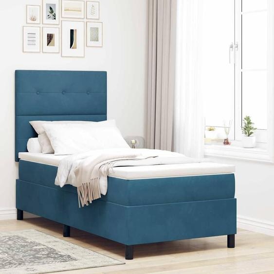 Lit boxspring exclusif avec tête de lit, couleur bleu foncé, dimensions 90 x 200 cm, revêtement en velours